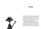 Black and white illustration of a cat-like creature with text on a white background