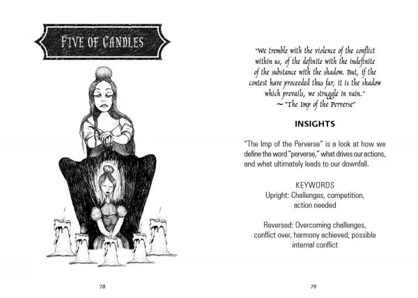 Black and white tarot card illustration with text on a white background