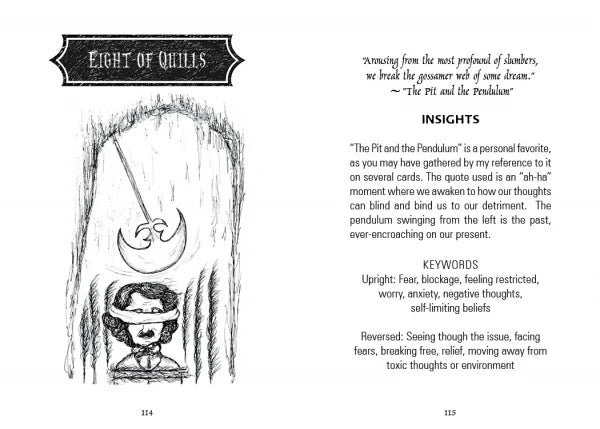 Card from a tarot deck with a black and white illustration of a person with a pendulum and text explaining its meaning.