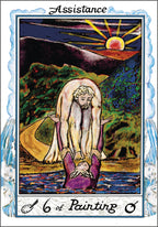 Card from a tarot deck with a figure assisting another over water, set against a mountainous landscape.