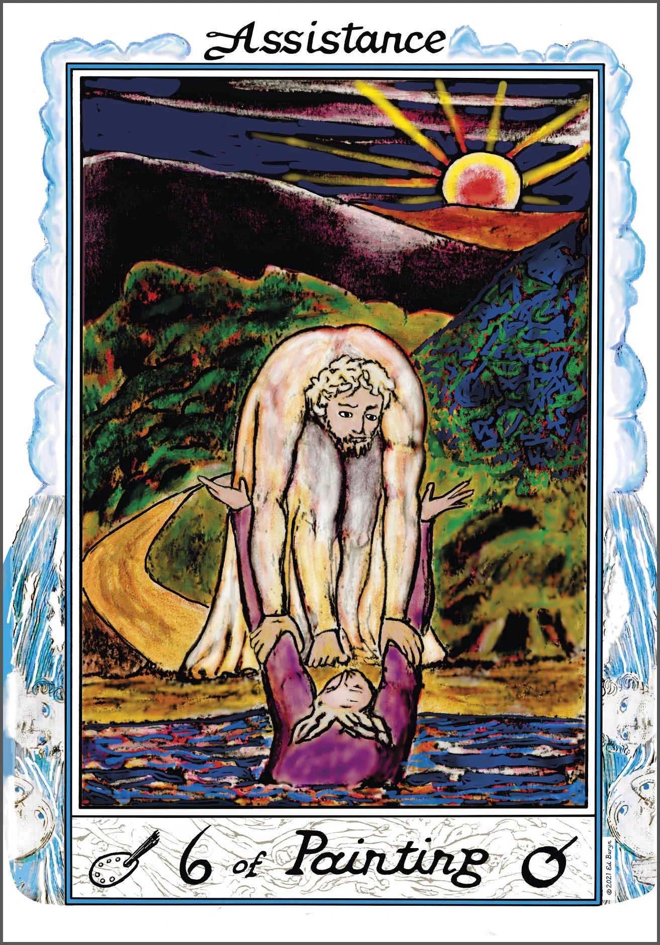 Card from a tarot deck with a figure assisting another over water, set against a mountainous landscape.