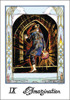 Card from a tarot deck with a person in a hat and coat holding a lantern, labeled 'Imagination'.