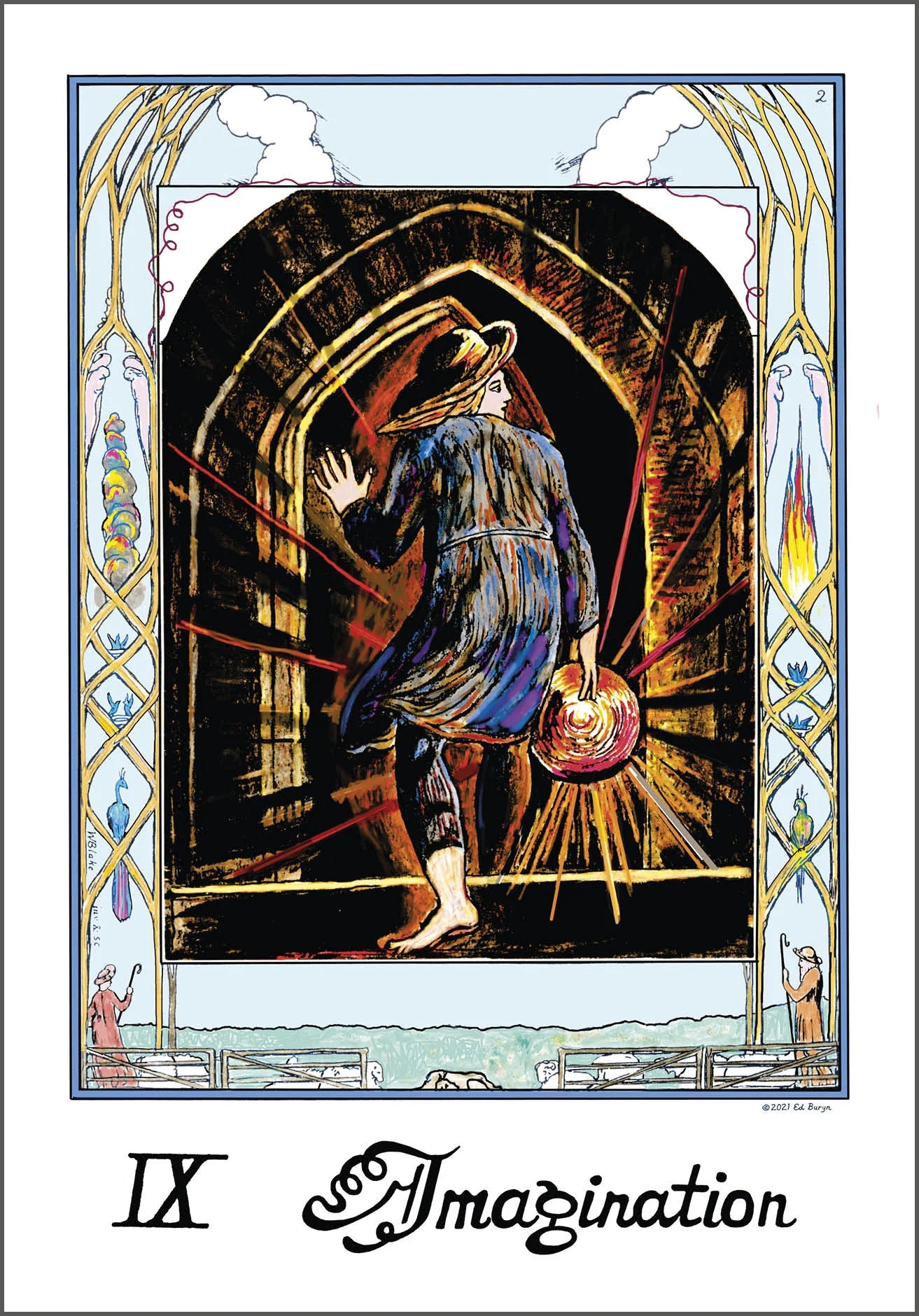 Card from a tarot deck with a person in a hat and coat holding a lantern, labeled 'Imagination'.