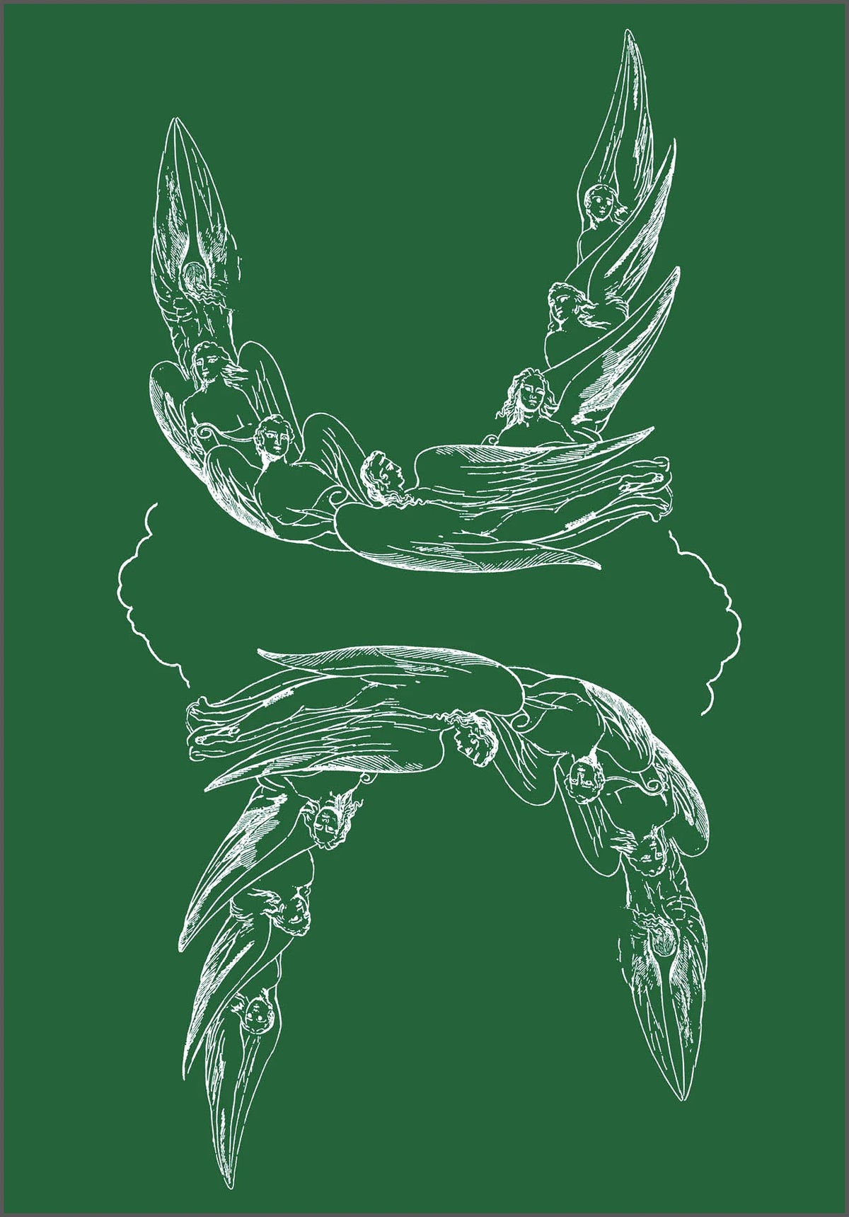 A square art print featuring white line art illustrations of classical winged figures, arranged symmetrically on a solid dark green background.