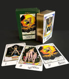 A boxed tarot deck with the green 'Red Begon' box standing behind the deck, plus four tarot cards spread in front on a dark studio background. The cards and box feature vintage-style illustrated artwork with warm yellow, orange, red, black, and white tones.