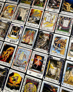 A close-up of a printed sheet or spread of illustrated tarot-style cards arranged in a grid. The cards feature fantasy and mythological scenes with figures, animals, and symbolic imagery, and the visible French card titles include Le Morte, Orphée, La Sagesse, and La Justice.