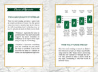 Pages from a book on tarot card spreads with text and diagrams on a marble background.