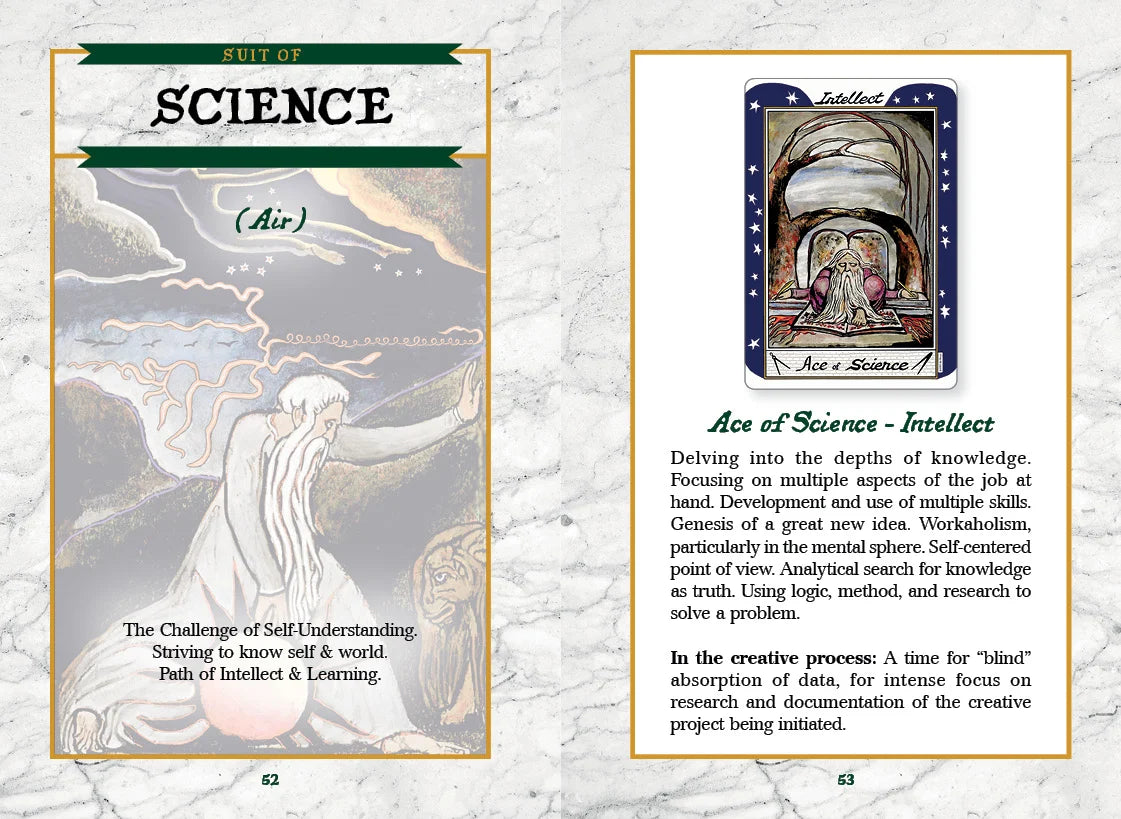 Page from a book or magazine featuring a tarot card titled 'Ace of Science - Intellct' on a marble background.