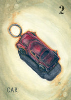 Illustration of a car keychain on a textured beige background with the number 2 and the word 'CAR'.