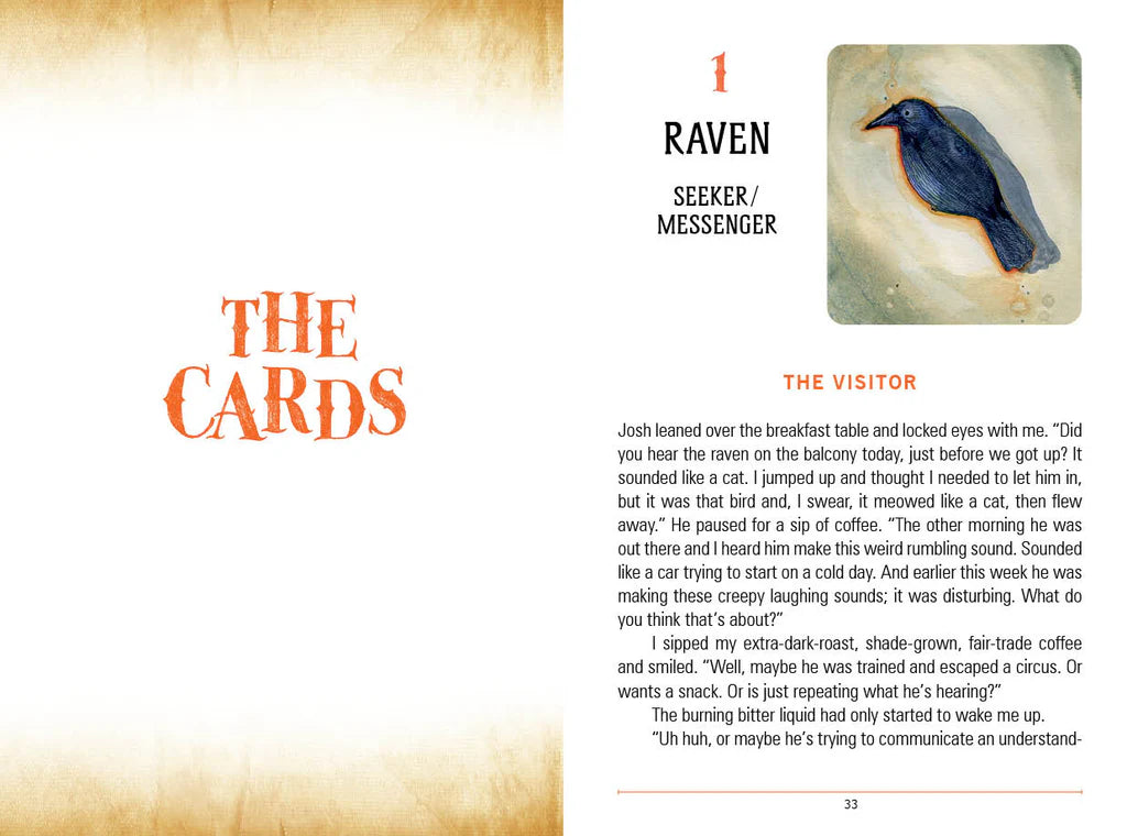 Page from a book or magazine featuring a card with a raven illustration and text.