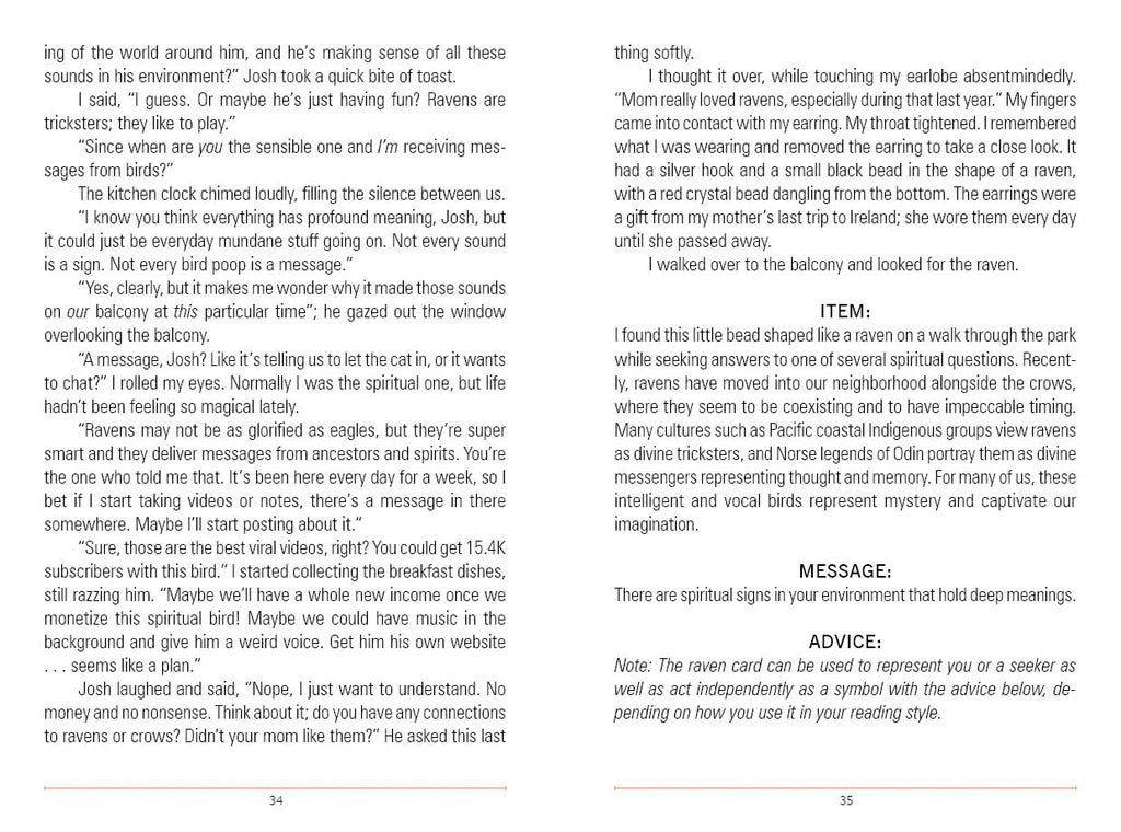 Text document with a conversation between two people discussing raven symbolism and its deeper meanings.