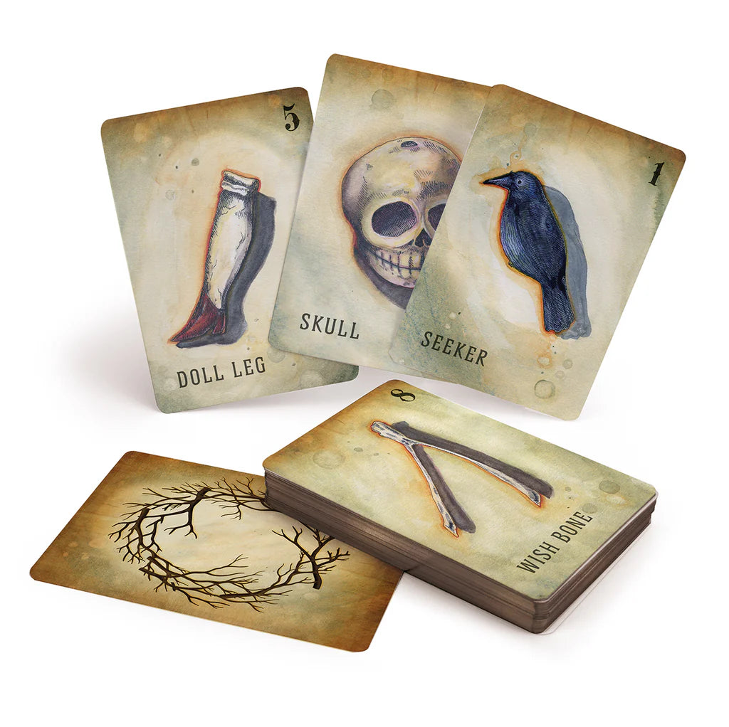 Set of mystical cards with illustrations and text on a white background