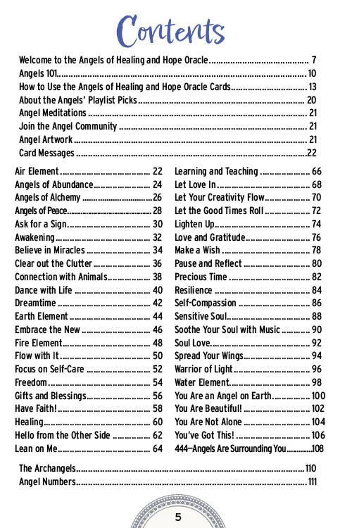 Table of contents for an Oracle card set titled 'Angels of Healing and Hope'.
