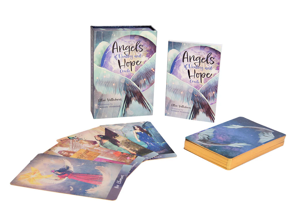 Set of 'Angels of Love and Hope' cards and book on a white background