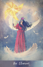 Fantasy illustration of a woman with wings holding a yellow windmill on a celestial background.