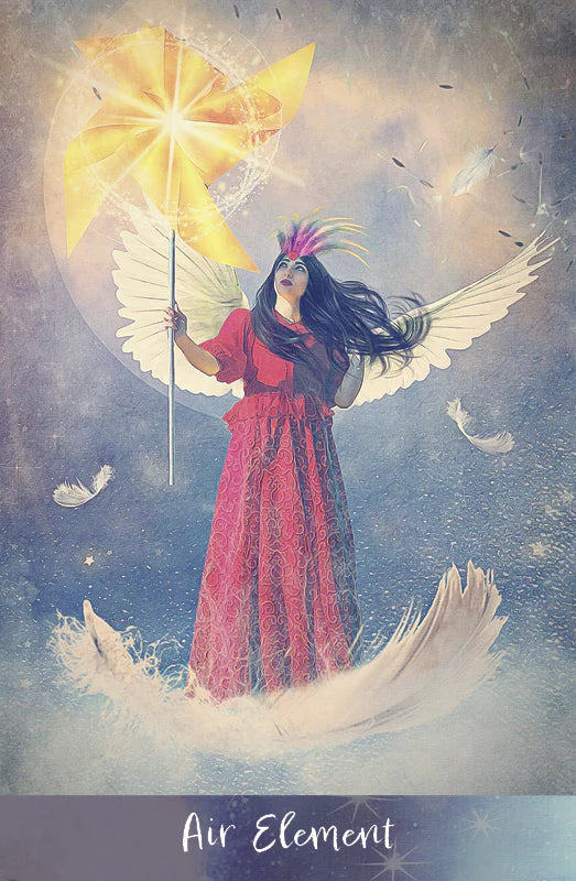 Fantasy illustration of a woman with wings holding a yellow windmill on a celestial background.