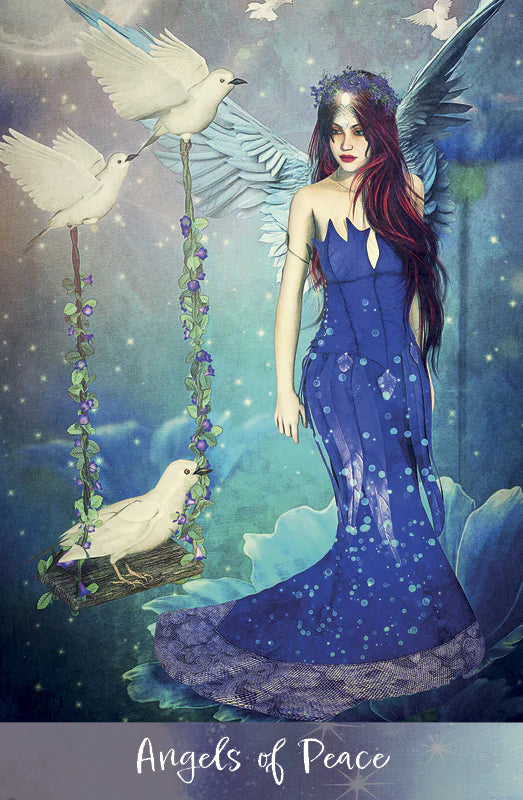 Woman in a blue dress with angel wings and white doves on a starry night background
