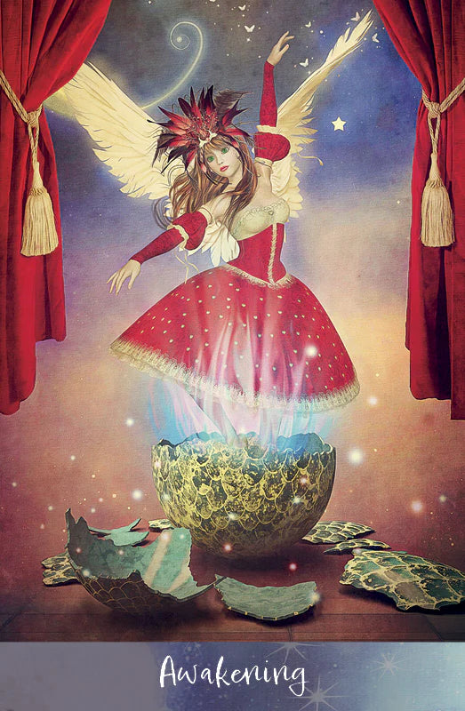 Fantasy illustration of a woman with wings emerging from a broken shell, surrounded by red curtains and stars.