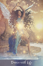 Woman with angel wings sitting on a pedestal with 'Dance with Life' text