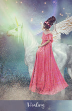 Woman in a pink dress riding a unicorn with wings against a mystical background
