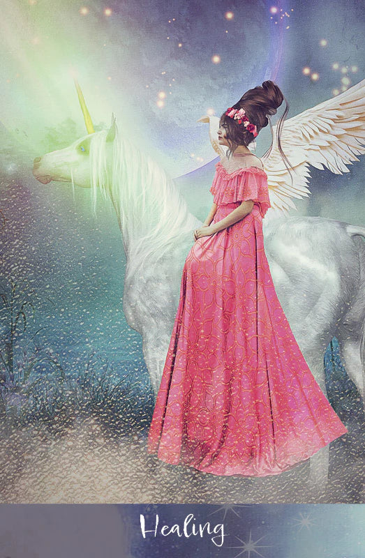 Woman in a pink dress riding a unicorn with wings against a mystical background