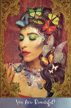 Woman with butterflies in her hair and on her face, framed by an ornate gold border with 'You Are Beautiful!' text.