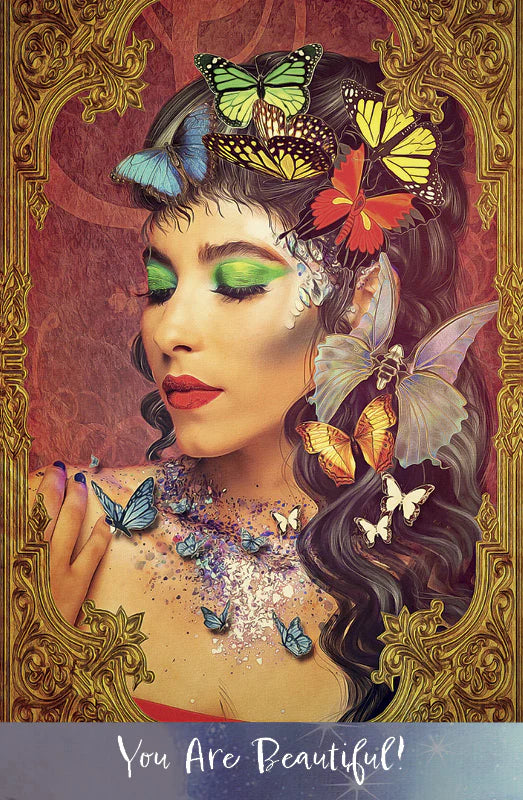 Woman with butterflies in her hair and on her face, framed by an ornate gold border with 'You Are Beautiful!' text.