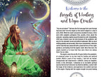 Oracal card with a woman in a green dress sitting under a rainbow, surrounded by celestial elements.