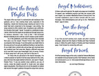 Page from a book or magazine about angel meditations and artwork, with text and graphics on a white background.