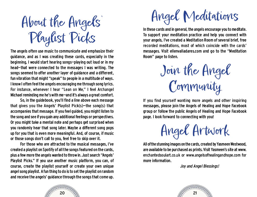 Page from a book or magazine about angel meditations and artwork, with text and graphics on a white background.