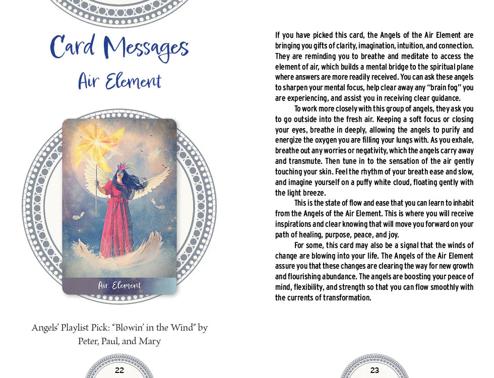 Card from a deck with an angelic figure and text about the Air Element, featuring a starry night design.