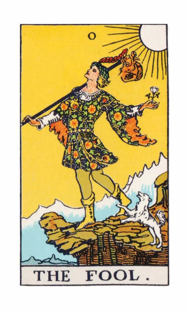 Tarot card featuring 'The Fool' with a person holding a lantern on a yellow background.