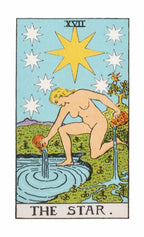 Tarot card titled 'The Star' with a nude figure by a pool and a bright star above.