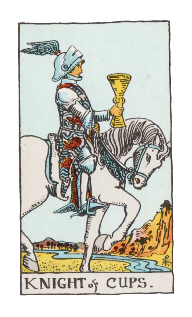 Tarot card featuring a knight on horseback with a cup, labeled 'Knight of Cups'.