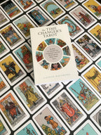 Book titled 'The Time Changer's Tarot' by Caitlin Matthews on a background of tarot cards.