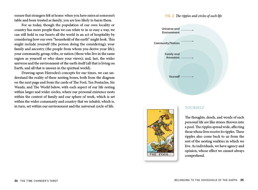 Page from a book or magazine with text and a tarot card illustration on a white background