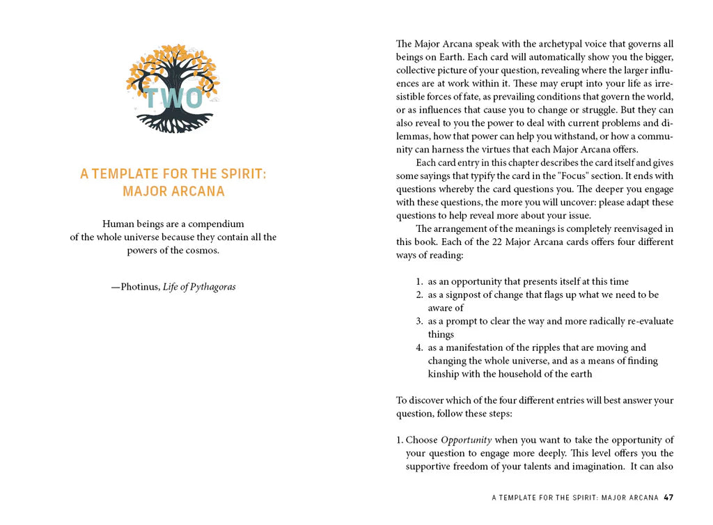 Page from a book or manual titled 'A Template for the Spirit: Major Arcana' with text and a logo on a white background.