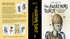 Book cover of 'The Awakening Tarot' with illustrations and text on a yellow and black background.