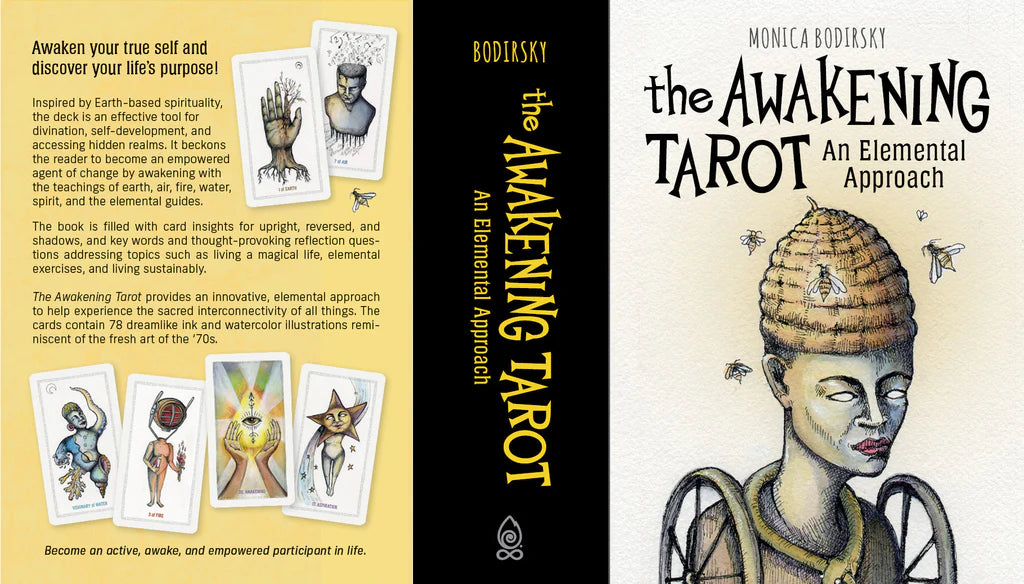 Book cover of 'The Awakening Tarot' with illustrations and text on a yellow and black background.