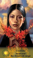 Woman with red flowers in her hair against a colorful abstract background