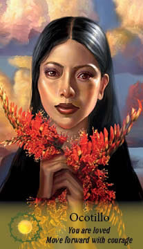 Woman with red flowers in her hair against a colorful abstract background