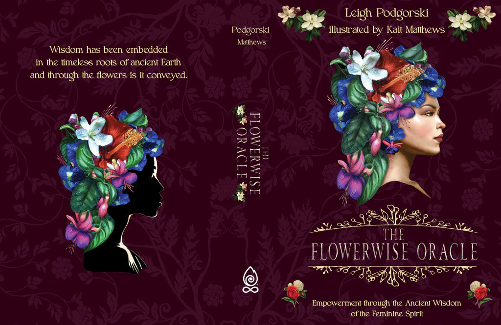 Book cover of 'The Flowerwise Oracle' with floral designs and text on a dark background