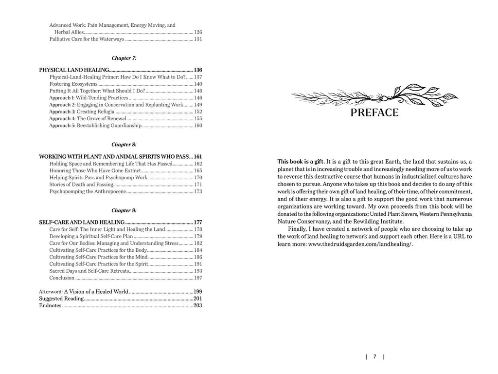 Table of contents and preface page from a book on land healing with black text on a white background.