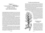 Book page with text on energy, ritual, and land blessings with a tree illustration.