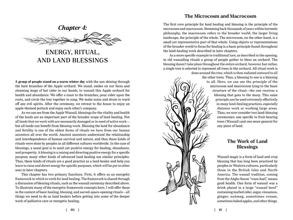 Book page with text on energy, ritual, and land blessings with a tree illustration.