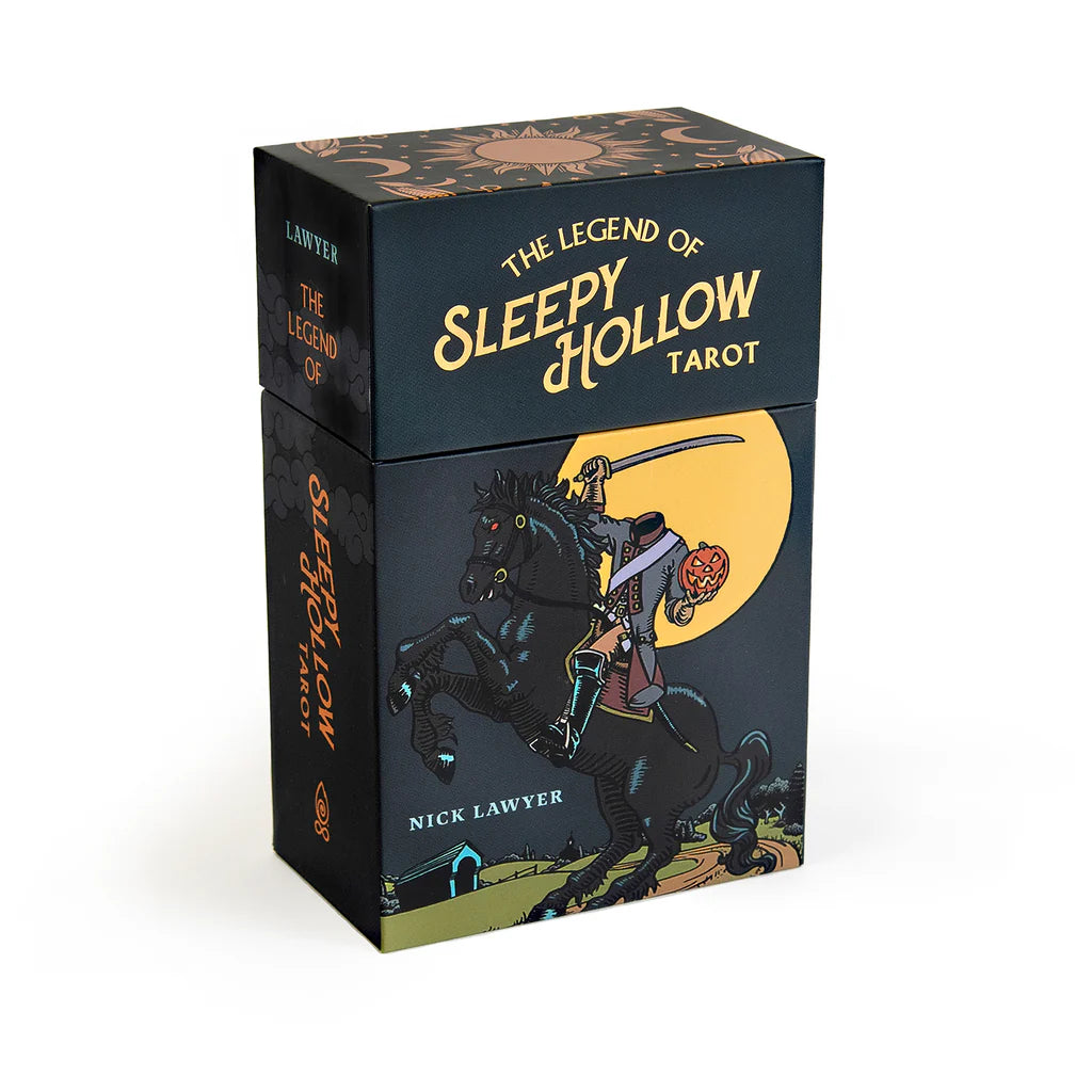 Tarot card box titled 'The Legend of Sleepy Hollow Tarot' with a horse and rider illustration on a white background.