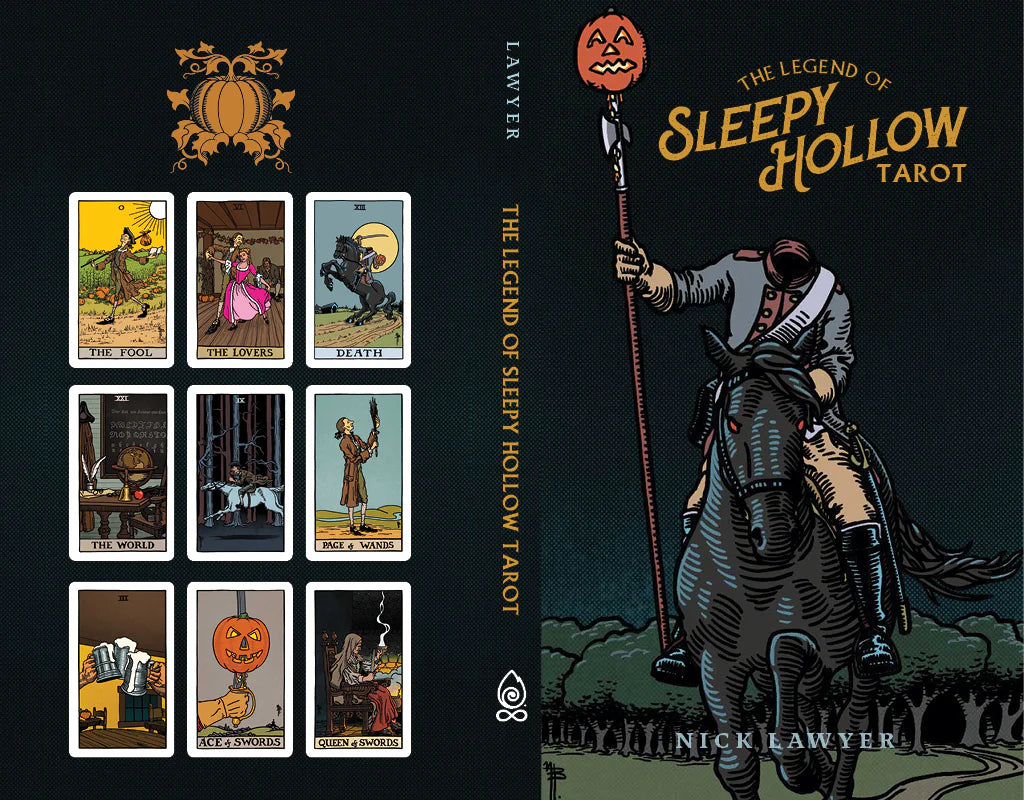 Tarot card set cover with illustrations and text 'The Legend of Sleepy Hollow Tarot' on a dark background.