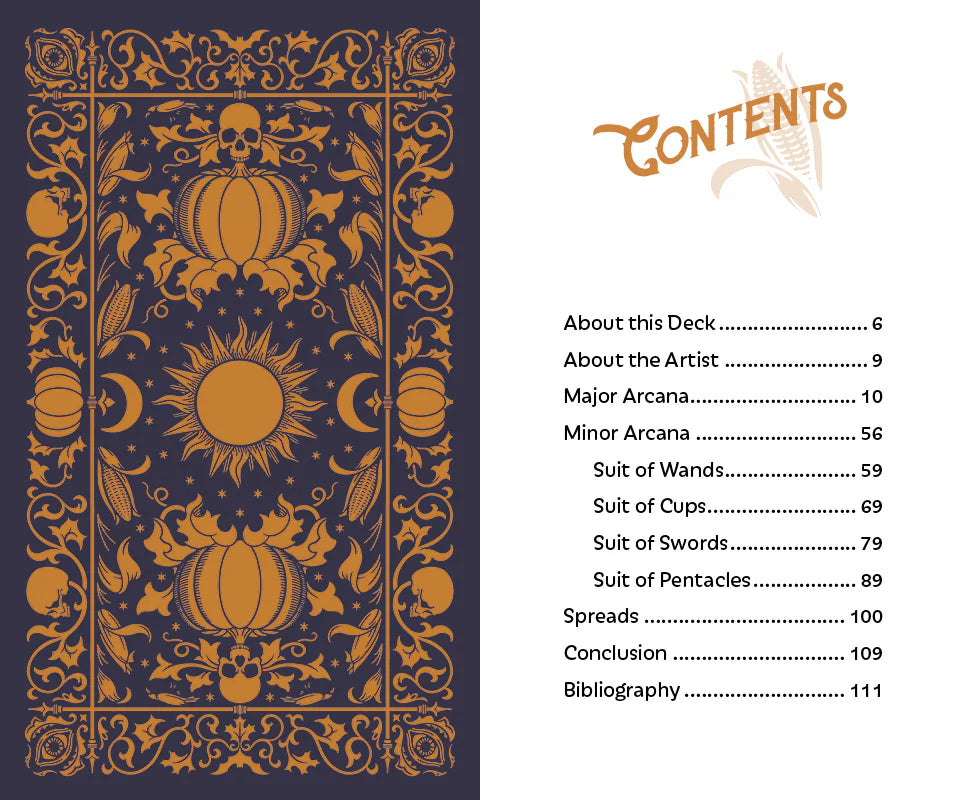 Contents page of a deck with decorative design and list of sections.