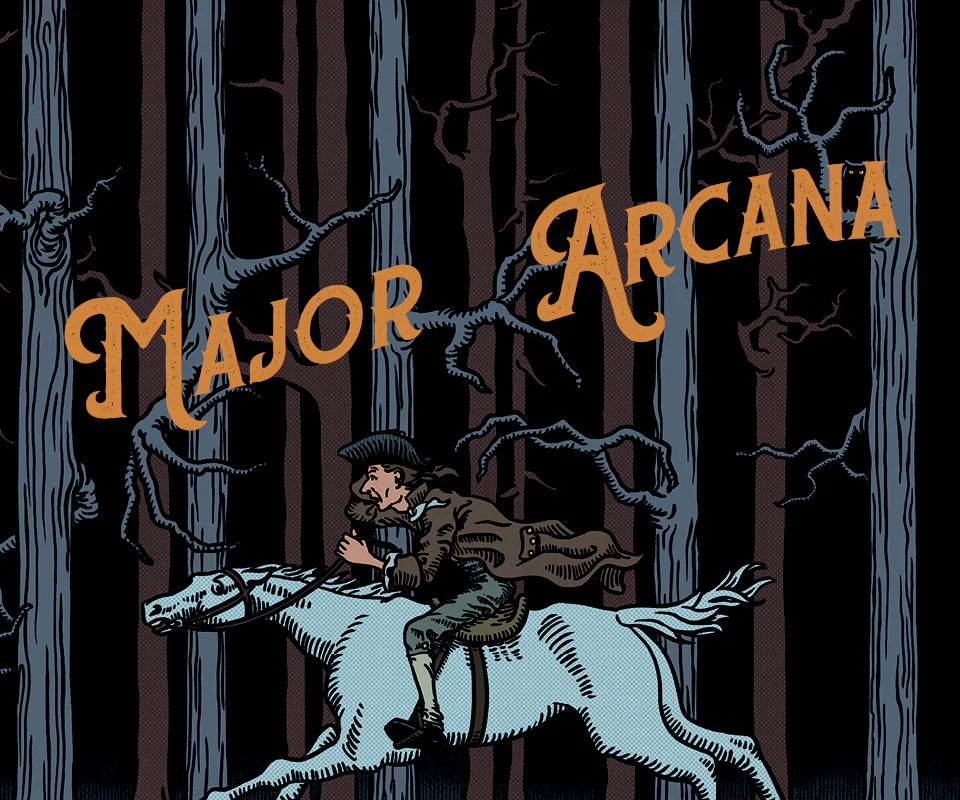 Illustration of a person on a horse in a forest with 'Major Arcana' text above.