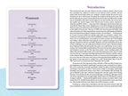 Book page with table of contents and introductory text on a light blue background